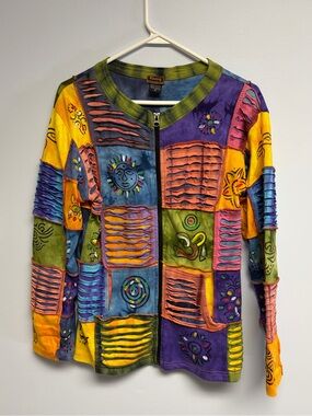 Rising International Multicolor Patchwork Zip Jacket with Green Trim